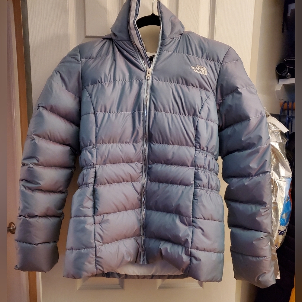 The North Face Women's Light Blue Puffer Coat with Faux Fur Hood - Picture 3 of 8